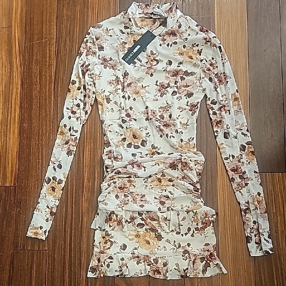Fashion Nova Floral Long Sleeve Dress - Cream and Brown - Picture 4 of 5